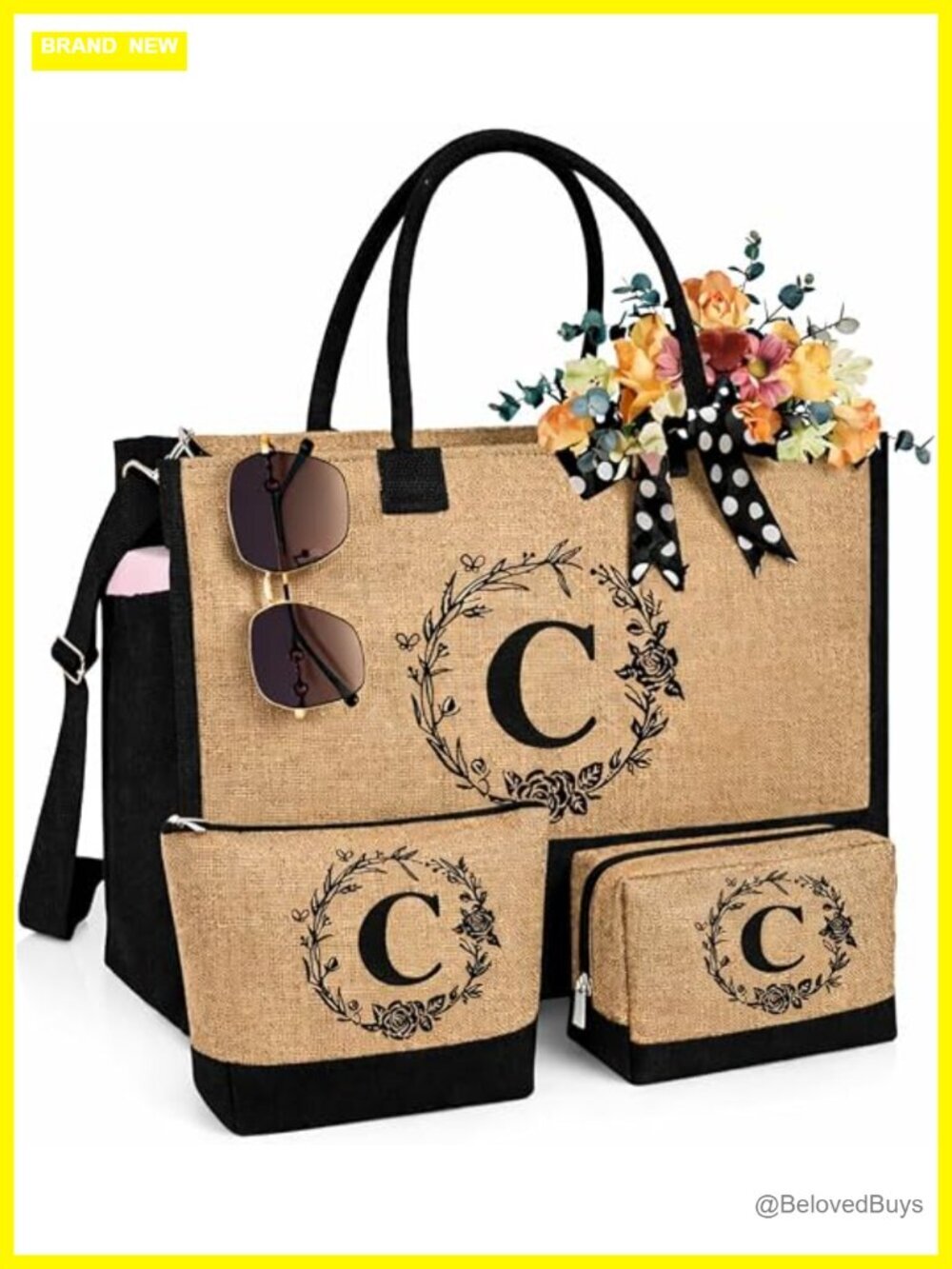 Initial Canvas Tote Bag Set with Monogram, Waterproof Lining, Adjustable Strap